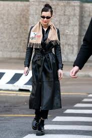Bella Hadid Copied Kendall Jenner With Her Latest Airport Outfit Leather Coat Outfit Long Leather Coat Bella Hadid Outfits