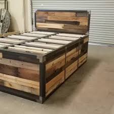 This Hand Built Industrial Design Platform Storage Bed Features Reclaimed Wood And Is Wrap In 2020 Pallet Furniture Bed Wood Pallet Furniture Pallet Furniture Bedroom