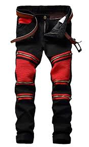Black And Red Jeans Men Enrica Men S Black Zipper Ripped Straight Slim Moto Biker Jeans At Amazon Men S Clothing Store Mens Winter Fashion Hipster Mens Fashion Ripped Jeans Men