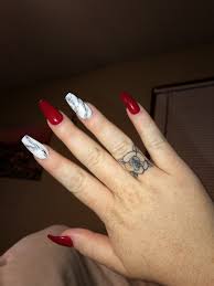 Black And Red Coffin Nails Cherry Red With White And Black Marble On Long Coffin Shaped Acrylics Red Acrylic Nails White Acrylic Nails Black Marble Nails