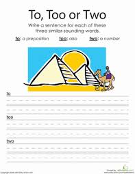 The differences between to vs. To Two And Too Writing Homophones Worksheet Education Com