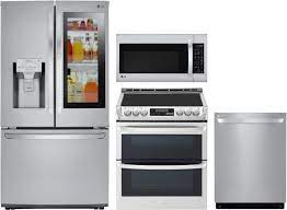 Ovens, microwaves, refrigerators, and dishwashers come bundled with style & service. Lg Lgreradwmw5124 4 Piece Kitchen Appliances Package With French Door Refrigerator Electric Range Dishwasher And Over The Range Microwave In Stainless Steel In 2021 Kitchen Appliance Packages Kitchen Appliances French Door Refrigerator