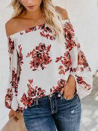 Donna, collection, bluse e camicie. Camicia Per Donna Top A Maniche Lunghe Stampata Sexy Con Collo A Barca In Poliestere Bianco Milanoo Com