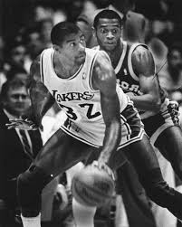 Terry Teagle of the Golden State Warriors guards Magic Johnson — Calisphere