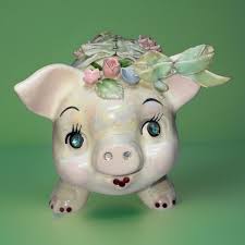 ANN SHAFFER LOS ANGELES Piggy Bank Lefton 28/4 Pink Iridescent Lusterware