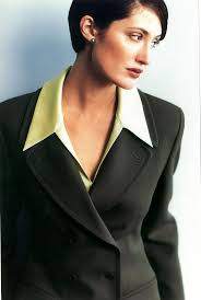 Greta Garbo Collection for Nordstrom- Photographer: Kurt Lindsay Art  Director: Robert Robertson Suit Fabric: Pyridine Green wool tricotine-  Luigi Boggio Casero Blouse Fabric: Citrine doubleface silk satin