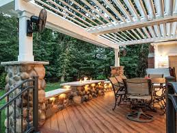 Pairing A Modern Fireplace With An Equinox Pergola Encompasses The Evolution Of Outdoorliving Deck Stonewall Deck With Pergola Louvered Pergola Pergola