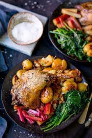 Place duck, breast side up, on rack in pan. This Duck Confit With Roasted Rhubarb Makes A Fantastic Dinner Party Or Date Night Dinner Check Out How To Make T Dinner Party Recipes Recipes Roasted Rhubarb