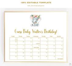 Due Date Calendar Elephant Guess Baby Birthday Calendar Birth Date Baby Shower Calen Guess Baby Birthday Calendar Guess Baby Birthday Baby Birthday Calendar