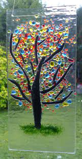 Colourful Yellow Green Blue Red Orange Tree Fused Glass Suncatcher Colourful Gem Tree Suncatcher Fused Glass Art Wall Art Glass Art Glass Art Pictures Fused Glass Art