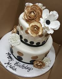 Black And Gold Cake With Flowers Calumet Bakery Gold White Black Polka Dots With Gum Paste Flowers New Birthday Cake Birthday Cake Decorating Birthday Cakes For Women