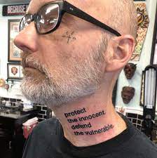 Moby shows off huge 'animal rights' tattoos. Sarah Squirm On Twitter Moby Got An Anti Biden Bullying Elder Abuse Awareness Neck Tattoo
