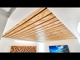 How To Make A Wood Slat Ceiling Youtube Wood Slat Ceiling Wood Slat Wall Wooden Ceilings