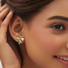 Eriha Pearl Delicate Green Leaf Stud Earrings