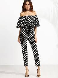 Black And White Polka Dot Dress Off The Shoulder Black And White Polka Dot Jumpsuit Off The Shoulder Jumper Cute Polka Dot Outfit Lyfie Polka Dots Fashion Polka Dots Outfit Polka Dot Pants