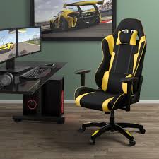 Corliving Black And Yellow High Back Ergonomic Office Gaming Chair With Height Adjustable Arms Gaming Chair Corliving Office Gaming Chair Modern yellow black cocoon ball chair isolated on white background.