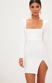 White Square Neck Puff Sleeve Bodycon Dress Bodycon Dress With Sleeves White Bodycon Dress Dresses