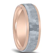 The 6mm band is crafted of 14k rose gold. 14k Rose Gold Mens Wedding Band Hammered White Gold Center Nagi