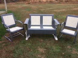 Basketweave Pattern Loveseat Vintage Metal Porch Glider With Matching Bouncer And Rocker All Pieces Refurbished And Pow Vintage Porch Porch Chairs Porch Glider