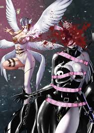 angewomon, ladydevimon, digimon, digimon adventure, absurdres, highres,  2girls, armor, attack, blood, bound, breastplate, breasts, chain, death,  digimon (creature), eyeball, female ejaculation, good vs evil, guro, hands  out, headshot, large breasts ...