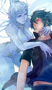 payu (pyms11), noctis lucis caelum, shiva (final fantasy), final fantasy,  final fantasy xv, highres, 1boy, 1girl, black hair, black jacket, blue  hair, blue skin, breasts, cleavage, colored skin, eye contact, glowing,  glowing