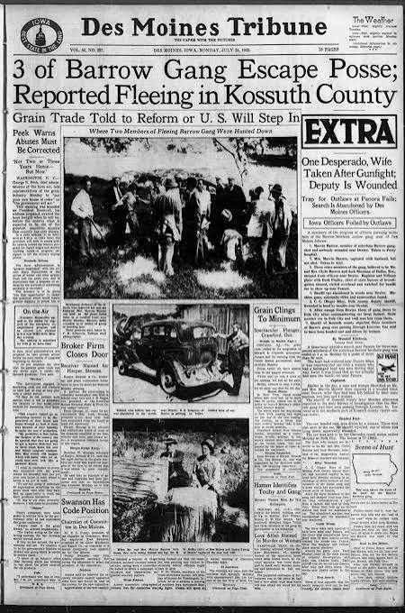 The Des Moines Register historic front page: Bonnie and Clyde get away