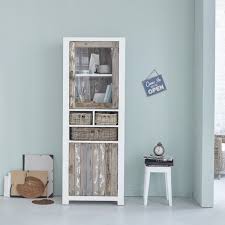 Vitrine En Bois De Pin Recycle Largeur 70 Cm 2 Portes Paniers Rotin Atlantic Petit Vaisselier Meuble En Pin Vaisselier