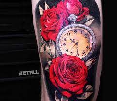 Red Roses And Clock Tattoo By Victor Zetall Post 21116 Clock Tattoo Red Rose Tattoo Watch Tattoo Design