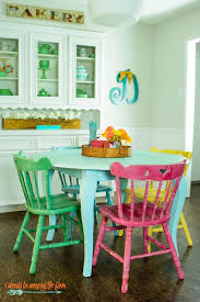 Table And Chairs Makeover With Chalk Style Paint Multi Colored Chalk Style Paints And White Wax Colorful Kitchen Tables Painted Kitchen Tables Chair Makeover