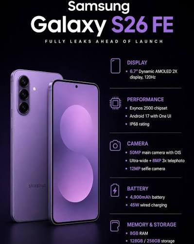 Samsung Galaxy S26 FE is shaping up to be a serious value flagship! 💜📱🔥 Big display, powerful performance, 50MP camera & 4,900mAh battery. 👀⚡