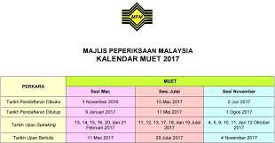 Tarikh pendaftaran bagi sesi julain 2017 adalah dari 15 mac 2017 hingga 11 mei. Jadual Peperiksaan Muet 2017