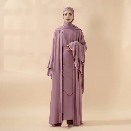 Crepe Satin Ruffle Sleeve Abaya, 5-Piece Set By Mariam's Collection