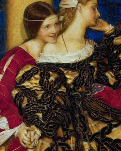The artwork portrays three elegantly attired Venetian women on a balcony overlooking the Grand Canal, absorbed in a serenade. The central figure, dressed in a black gown adorned with gold serpentine patterns,