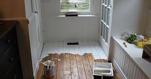 Several years ago i was wracking my brain, trying to figure out a way to replace our nasty carpet without spending a lot of money. Modern Jane White Painted Floor Part 1 White Painted Floors Painted Wood Floors Old Wood Floors