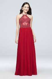 Chiffon A Line Halter Dress With Corded Embroidery David S Bridal Formal Evening Dresses Lace Bridesmaid Dresses Dresses