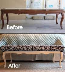 What do you do with an old coffee table with a dinged up or stained top? Grosgrain Tutorials 44 Coffee Table To Bench Furniture Makeover Furniture Diy Diy Furniture