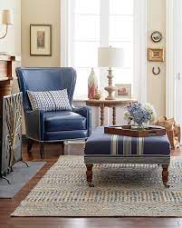 Traditional Neutral Living Room With Rich Navy Blue Accents In Linen And Leather Living Room Leather Quality Living Room Furniture Blue Dining Room Decor