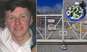 Thinking of you': Floral tributes and wreath left outside gates of Everton  stadium for construction worker, 26, who died in tragic 'heavy machinery'  incident at site
