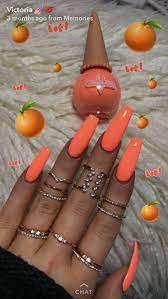 Jul 30, 2020 · acrylic nails are nail enhancements made by combining a liquid acrylic product with a powdered acrylic product, according to nails magazine. Aaliyah Freshman Orange Acrylic Nails Long Acrylic Nails Pretty Acrylic Nails
