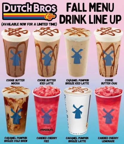 Here are a bunch of drinks available on the fall menu at Dutch Bros. Which  one sounds the best to you? #dutchbros #pastry #breakfast #lunch #dinner  #dessert #snack #sweet #foodporn #foodpics #foodie #