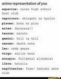 for those who complained that i should change karma to their certain zodiac sign  aries, taurus, gemini,cancer, leo,virgo: 16 Anime Signs Ideas Anime Zodiac Anime Anime Horoscope