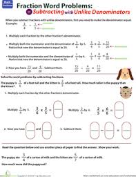 subtracting with unlike denominators word problem worksheet education com
