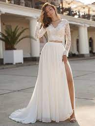 Ärmellos spitze chiffon abendkleid hochzeitskleid brautkleid. Weisses Einfaches Hochzeitskleid Chiffon V Ausschnitt Lange Armel Ausgeschnitten A Linie Split Lace Brautkleider Milanoo Com