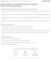 Quiz Worksheet Interspecific Competition Competitive Exclusion Niche Differentiation Study Com