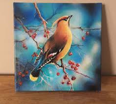 Acrylic Bird Paintings On Canvas Original Acrylic Painting Waxwing Winter Bird Modern Etsy Bird Paintings On Canvas Small Canvas Paintings Birds Painting