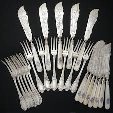 24pc French Sterling Silver Mother Of Pearl Fish Fork Knife Set Rare Engraved Sea Life Fl Silver Earrings Outfit Turquoise Sterling Silver Flatware Cutlery