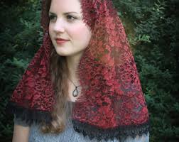 Evintage Veils~ Sacred Heart Deep Red Lace Vintage Inspired Lace Chapel  Veil Mantilla Classic D Shaped Veil