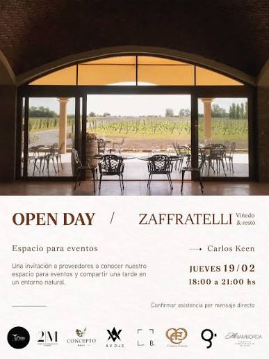 ✨ OPEN DAY • BODEGA ZAFFRATELLI ✨ 📍 Carlos Keen 🗓️ 19/02/26 ⏰ 18hs a 21hs BODEGA ZAFFRATELLI es una espacio súper exclusivo, rodeada de naturaleza, pensada para eventos que buscan algo