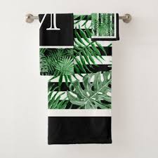 Black And White Bathroom Towel Set Custom Tropical Palm Leafs Black White Stripes Bath Towel Set Elegant Gifts Stylish Giftideas Striped Bath Towels Towel Set Bathroom Decor Accessories
