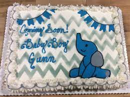 Sheet Cake With Chevron And Baby Elephant Trefzger S Bakery Baby Shower Sheet Cakes Elephant Baby Shower Cake Baby Shower Sheets
